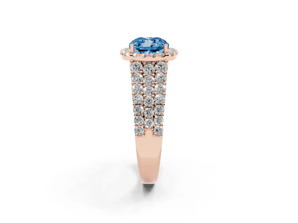 Fancy Blue Cushion Cut Diamond Halo Engagement Ring with Triple Row Round Pavé Band and Prong Setting Rose gold