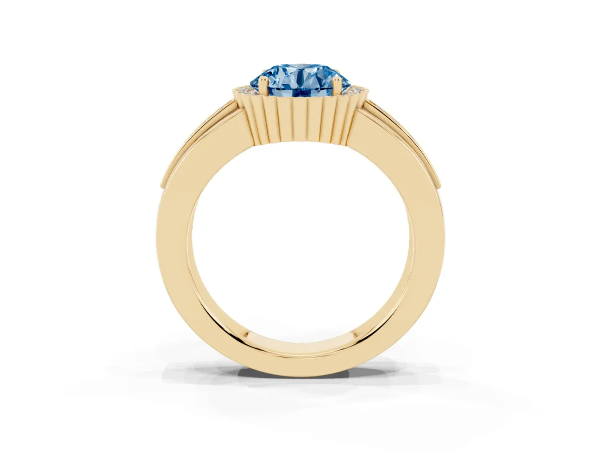 Fancy Blue Round Cut Cut Halo Pave Band Four-Prong Ring Yellow gold