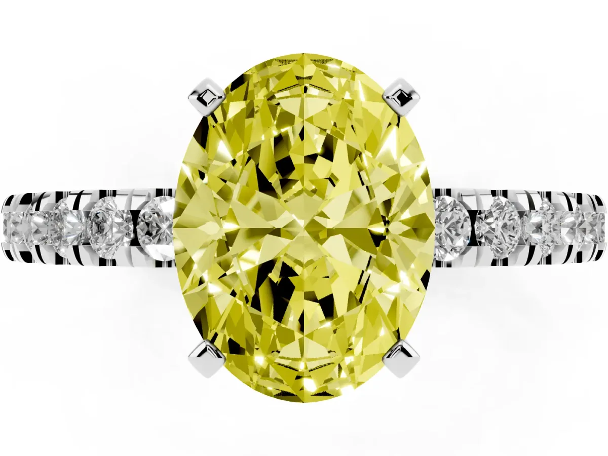 Fancy Yellow Oval Cut Solitaire Diamond with Pavé Band and Four-Prong Setting White gold