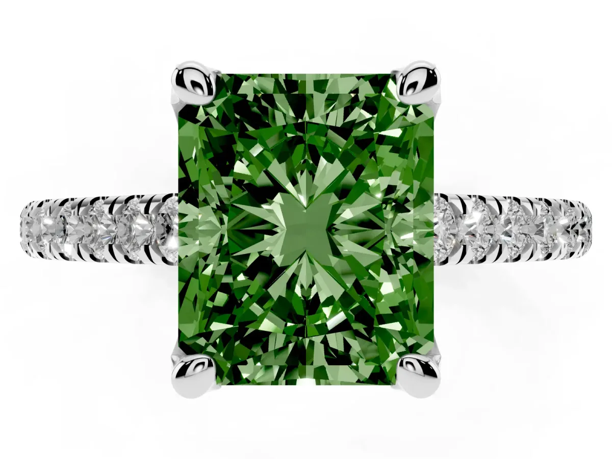 Fancy Green Radiant Cut Brilliant Diamond Solitaire with Pavé Band and Four-Prong Setting White gold