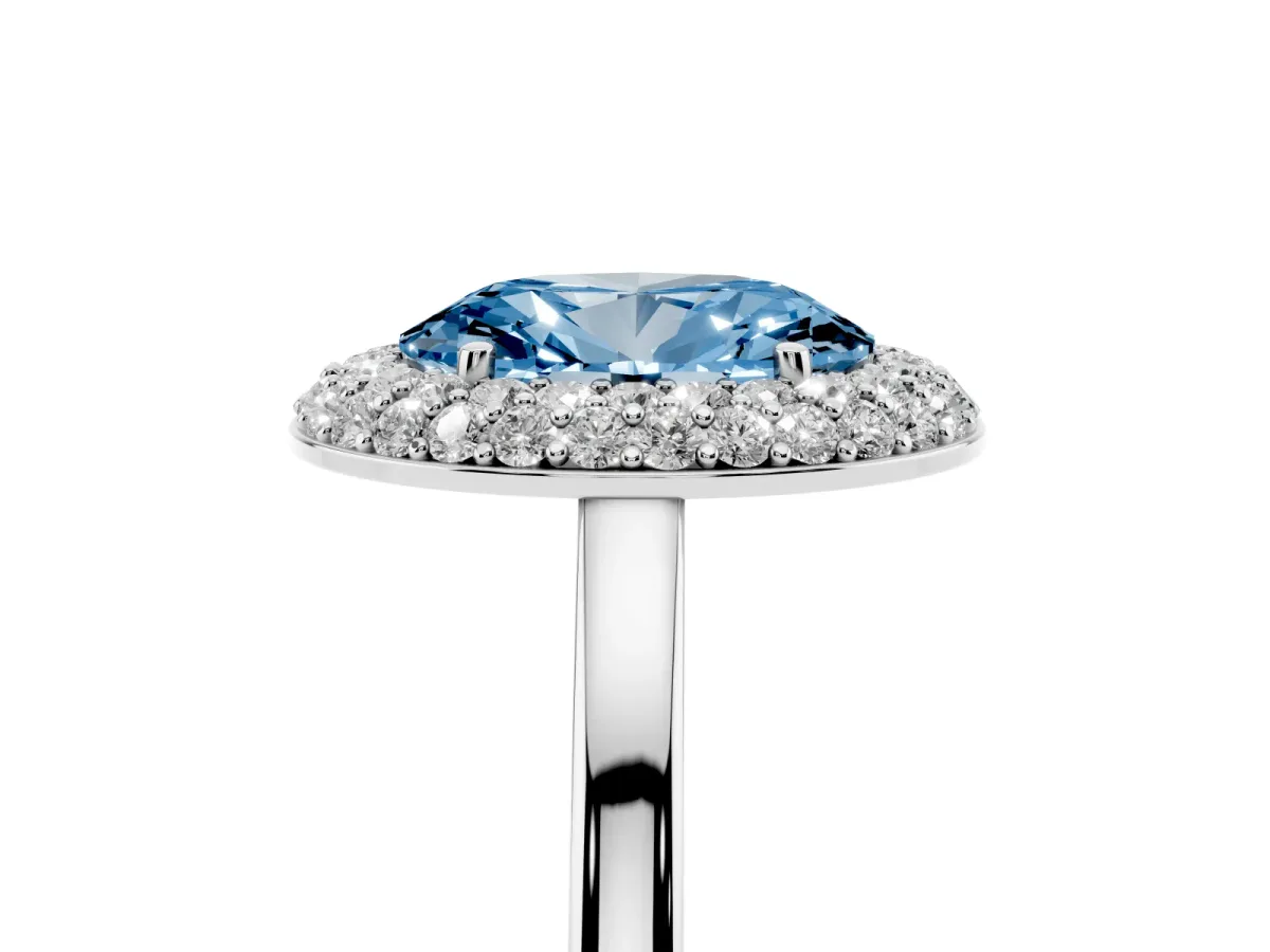 Fancy Blue Oval Cut Halo Diamond Engagement Ring with Solitaire Band and Four-Prong Setting Silver