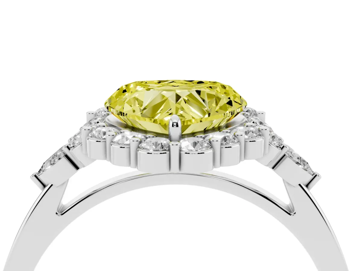 Fancy Yellow Heart Cut Diamond Halo Ring with Pear Side Stones and Prong Setting Silver