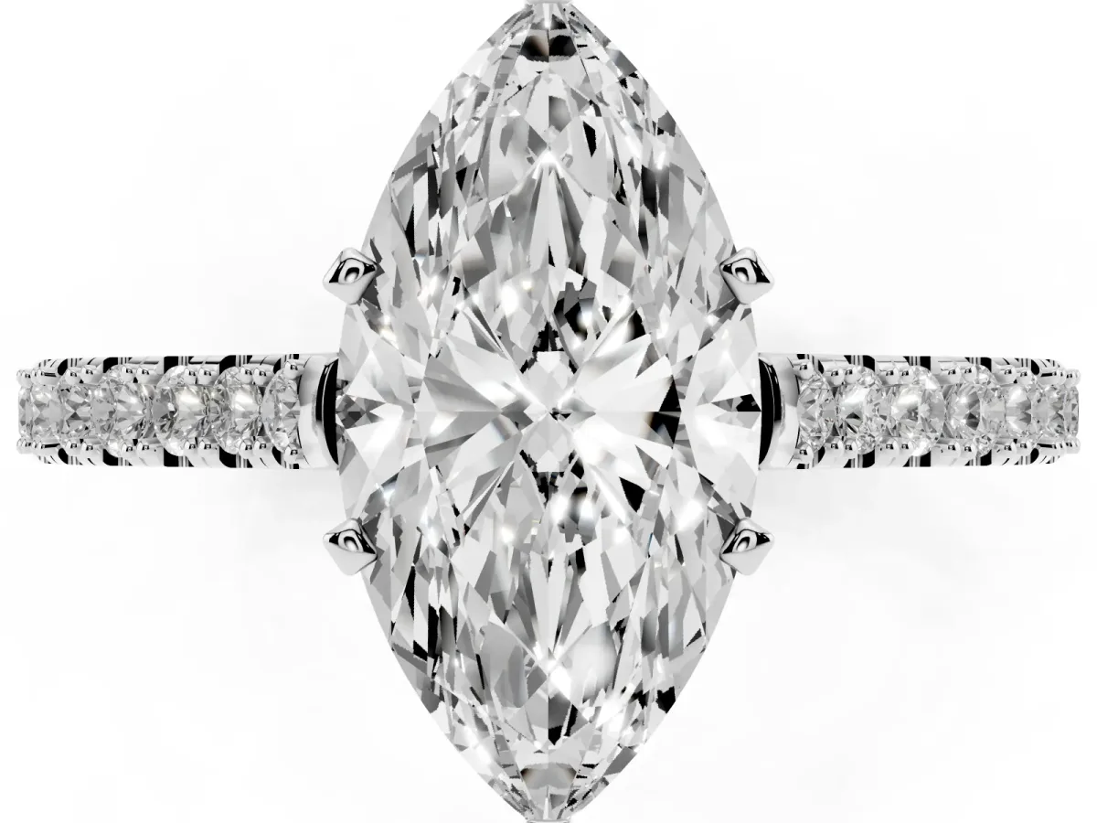Marquise Cut Cut Solitaire Diamond Engagement Ring with Pave Band and Four-Prong Setting White gold