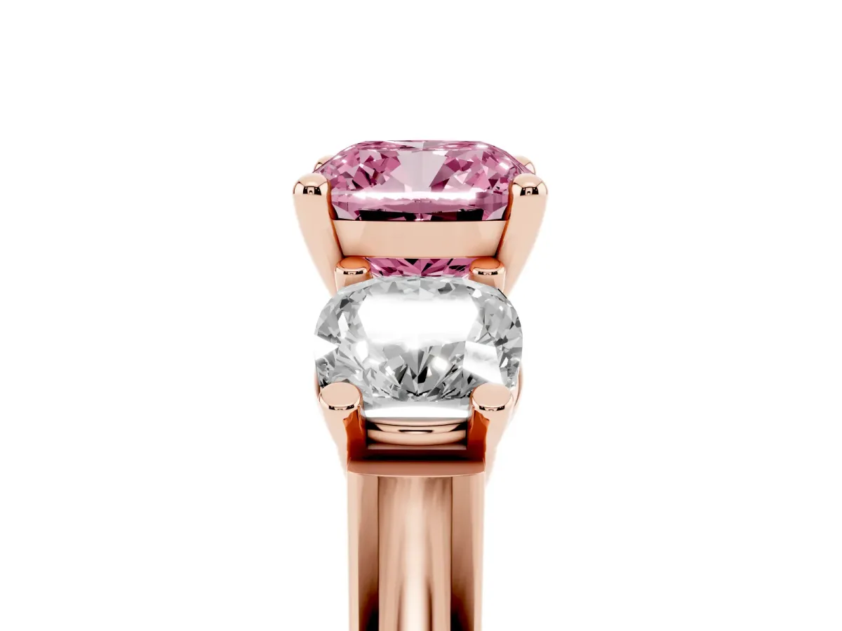 Fancy Pink Three-Stone Cushion Cut Brilliant Diamond Trellis Ring with Comfort Fit Band Rose gold