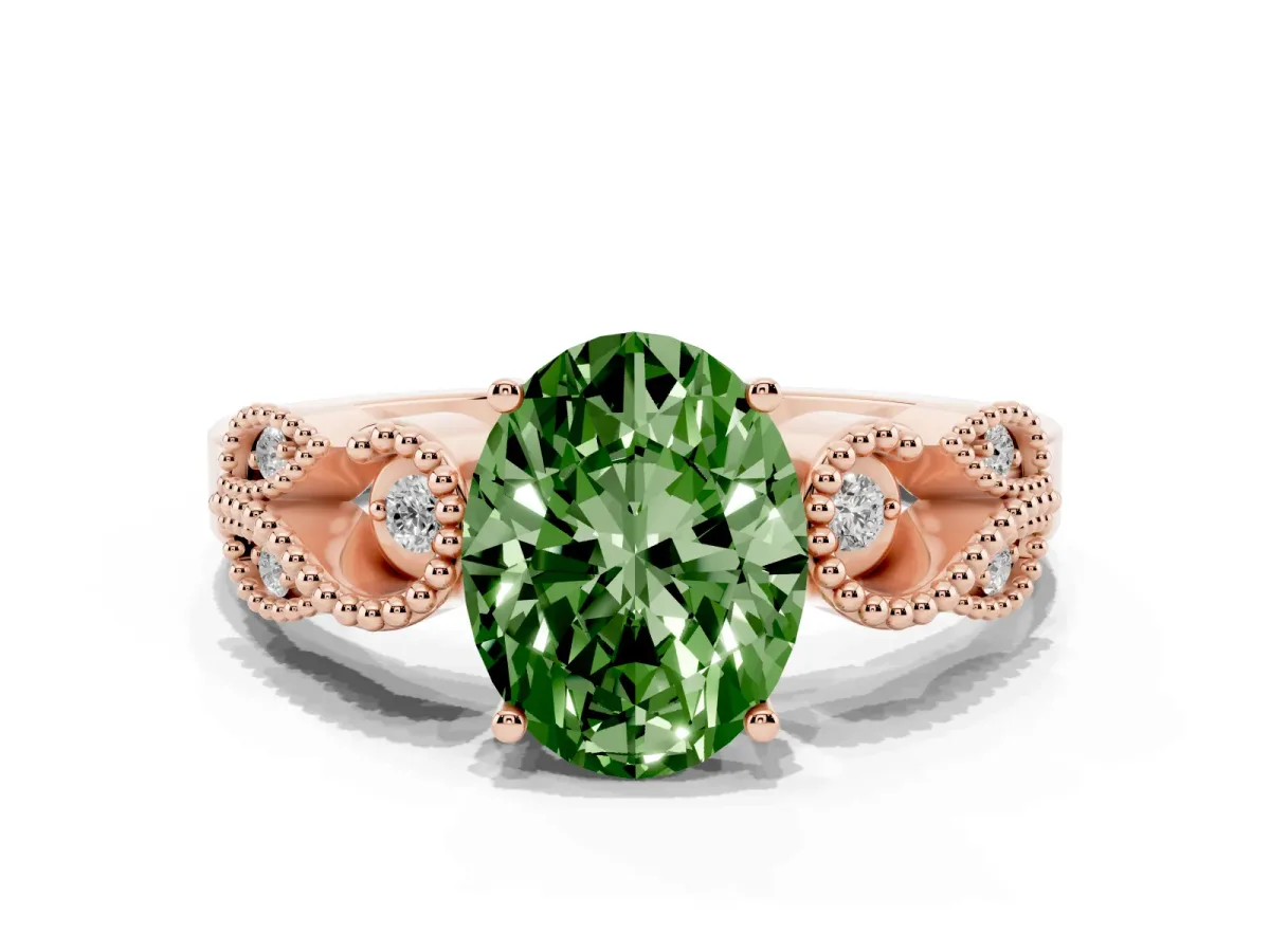Fancy Green Oval Cut Solitaire Milgrain Leaf Band with Prong Setting Rose gold