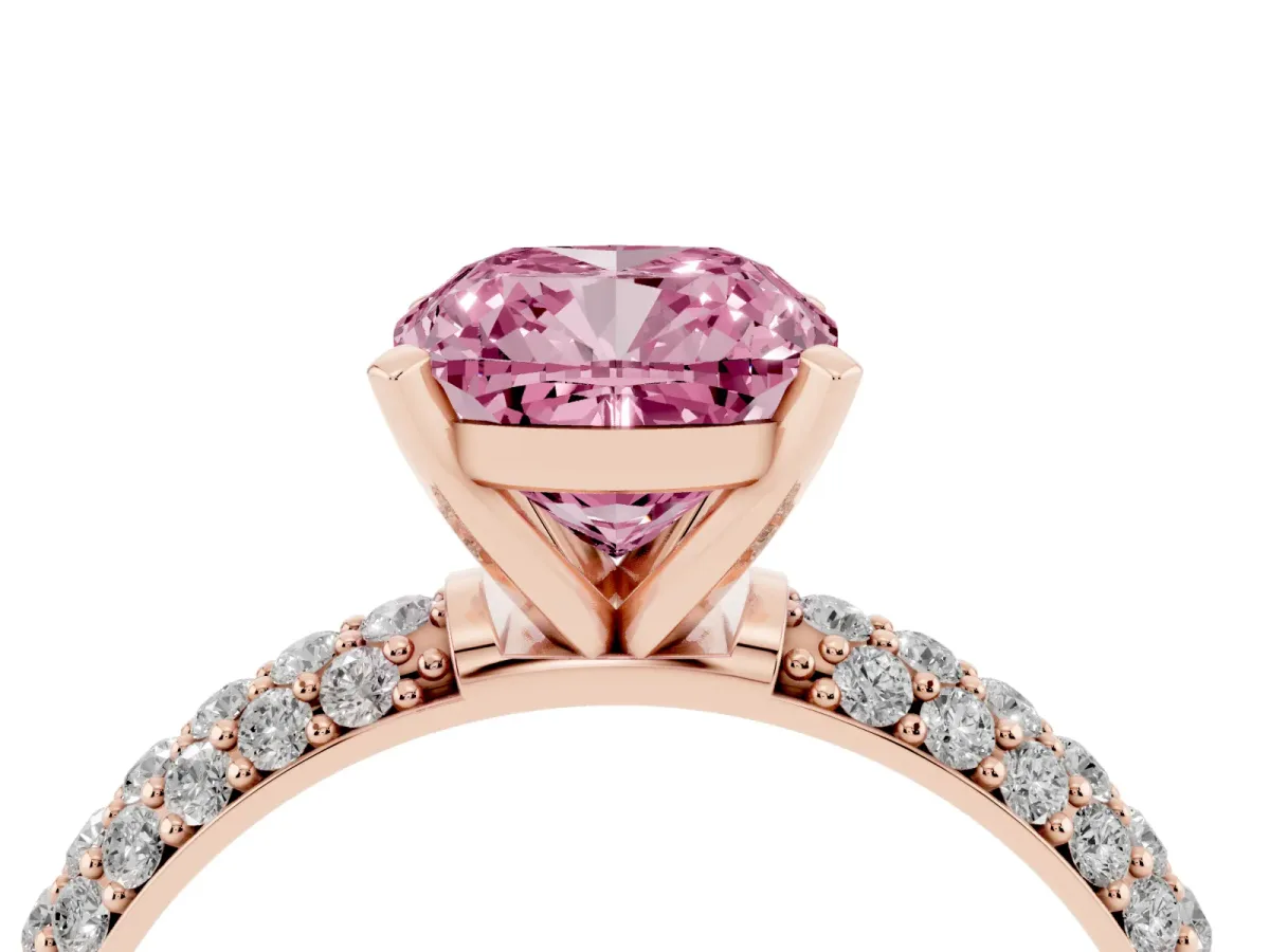 Fancy Pink Cushion Cut Diamond Solitaire Ring with Prong Setting and Pavé Band Rose gold