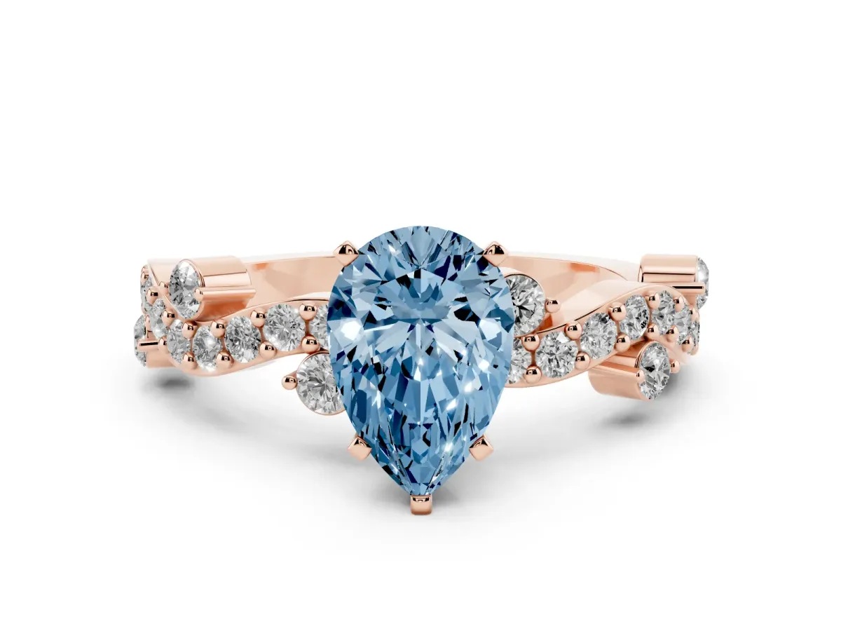 Fancy Blue Pear Cut Cut Solitaire Diamond Twisted Band with Pave Setting Rose gold