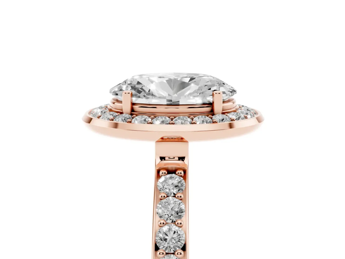 Oval Cut Diamond Halo Ring with Bezel Frame and Pavé Band Rose gold