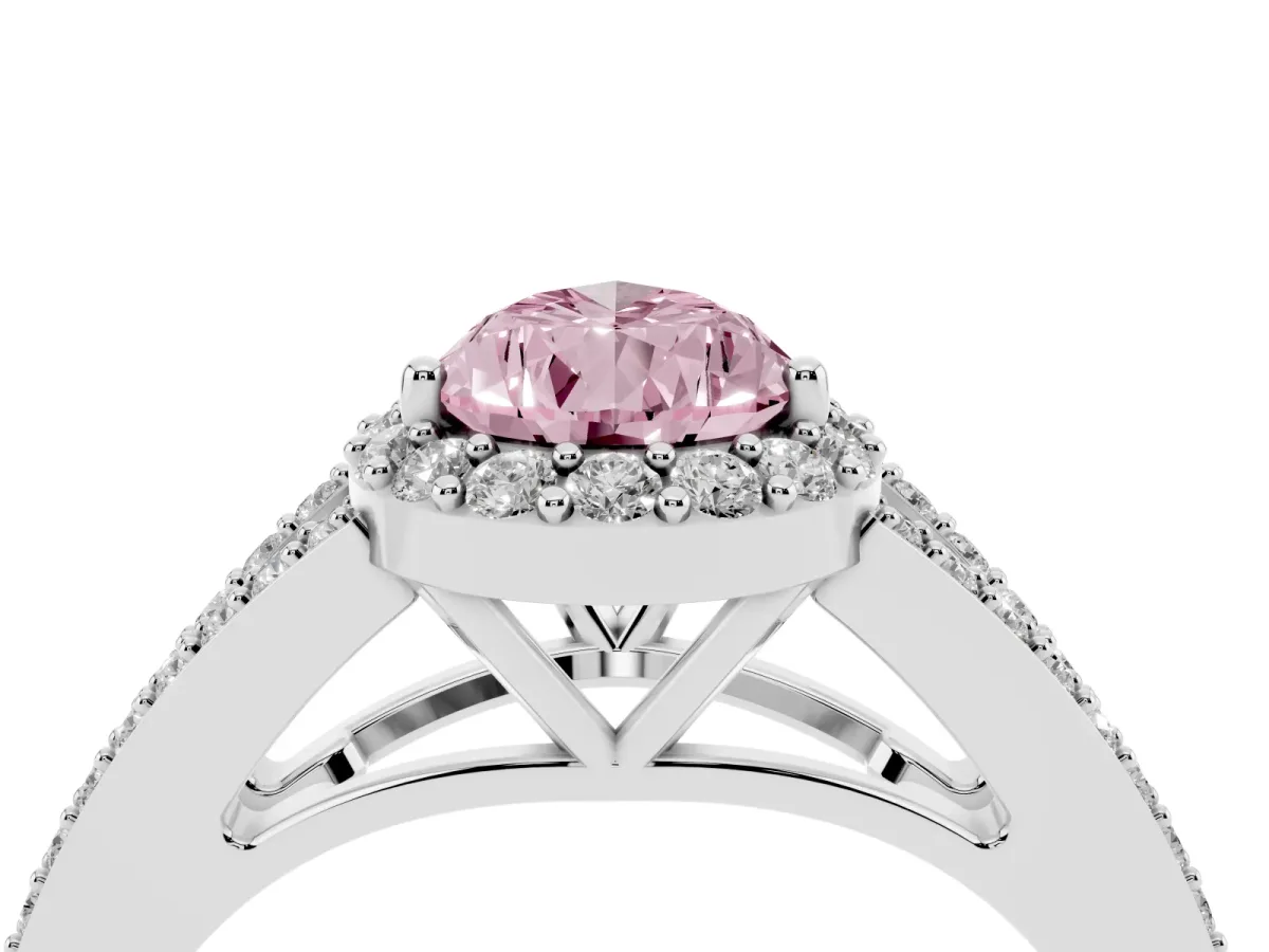 Fancy Pink Pear Cut Halo Split Shank Diamond Ring with Prong Setting Silver