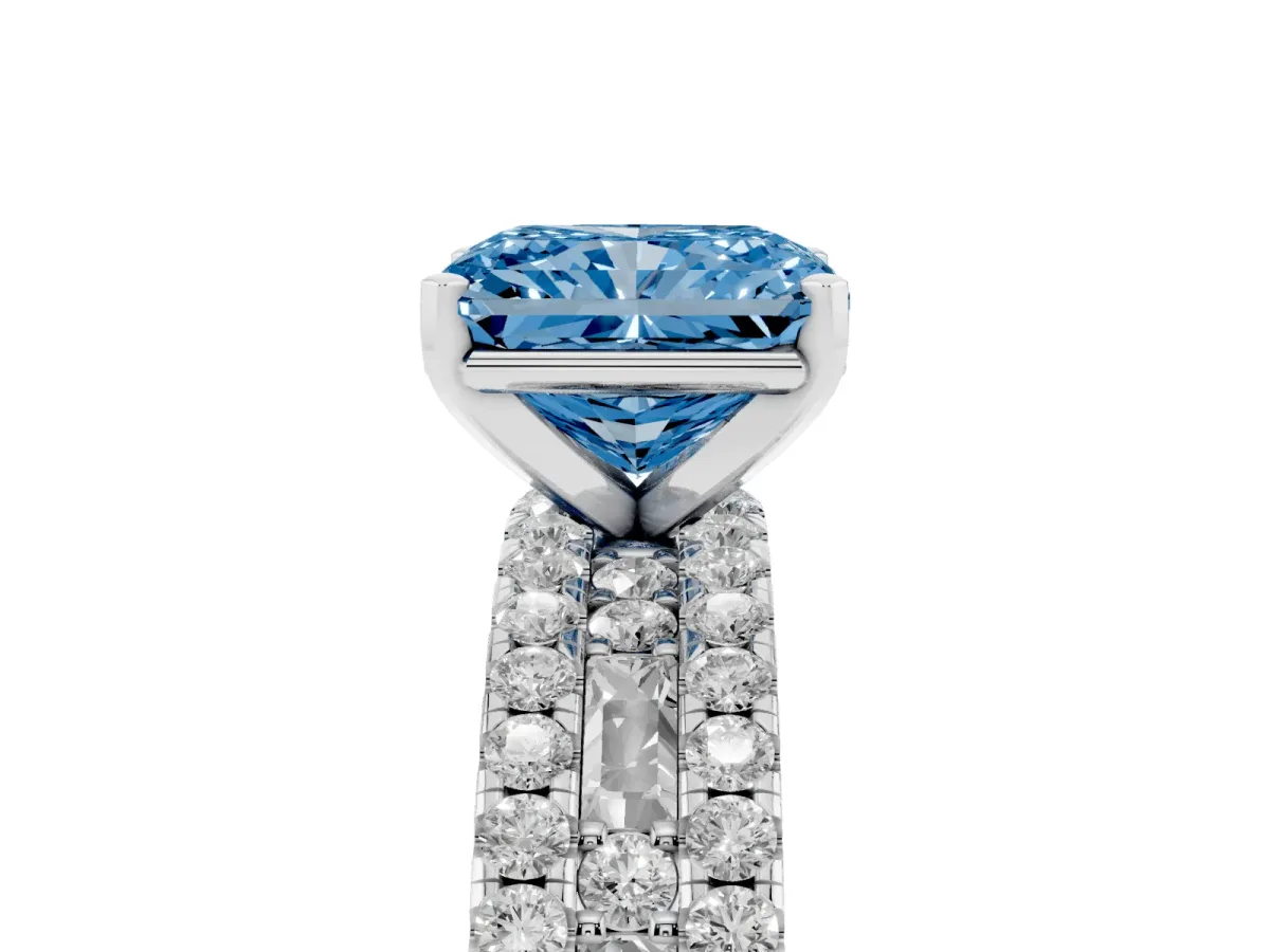 Fancy Blue Radiant Cut Diamond Solitaire Ring with Pavé and Channel Set Band Silver