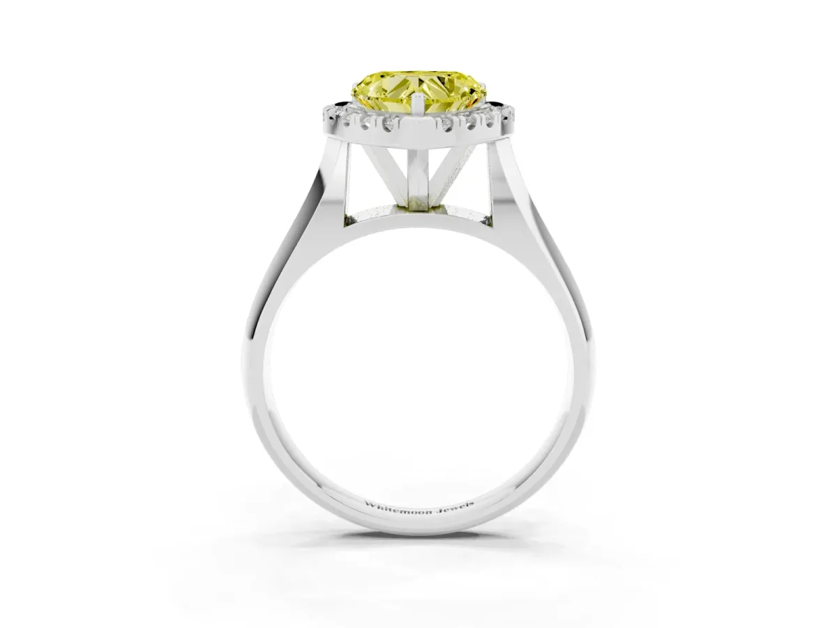 Fancy Yellow Heart Cut Cut Halo Solitaire Engagement Ring with Square Band and Four-Prong Setting White gold