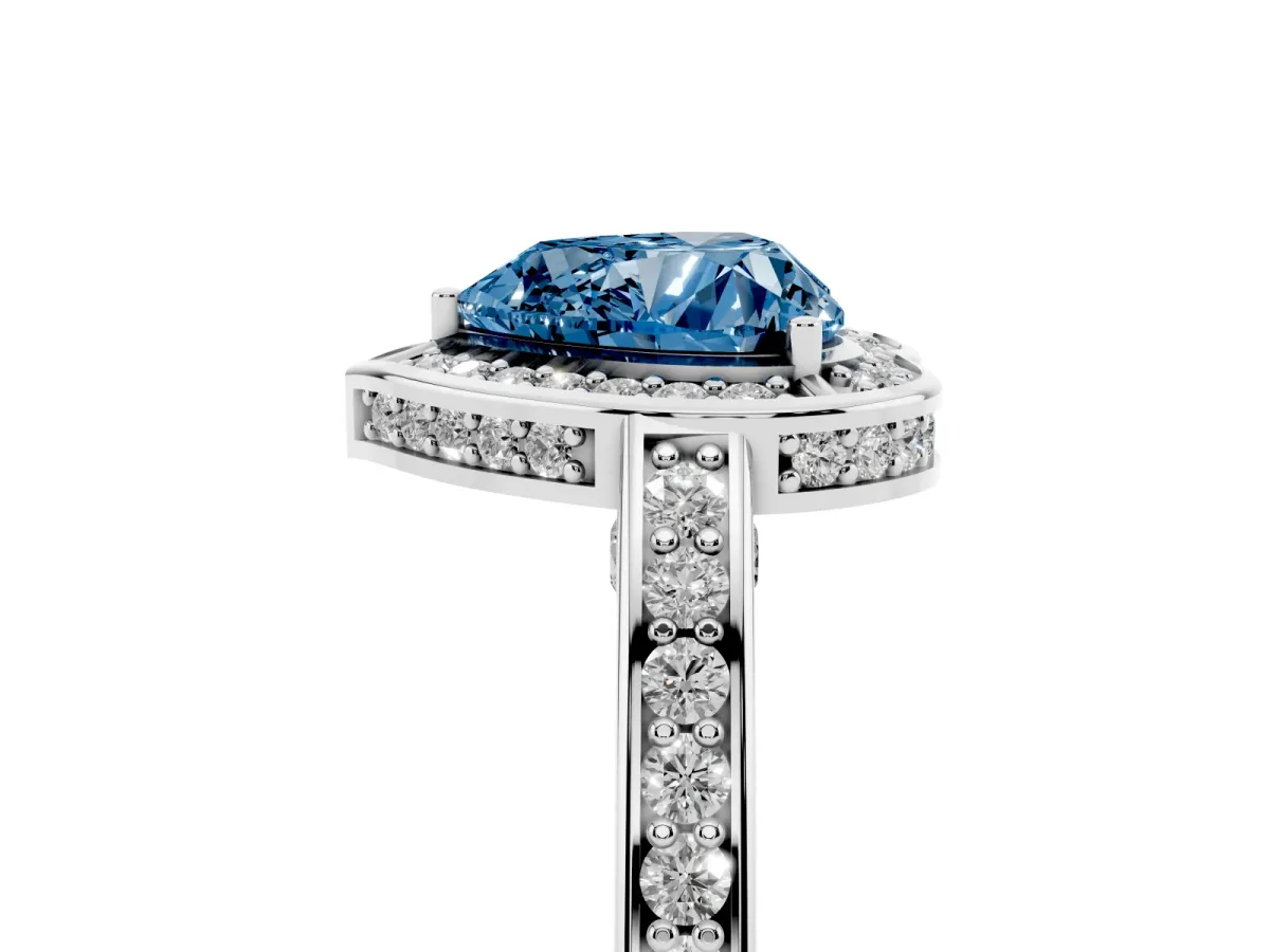 Fancy Blue Heart Cut Cut Halo Pave Split Shank Prong Setting Ring Silver