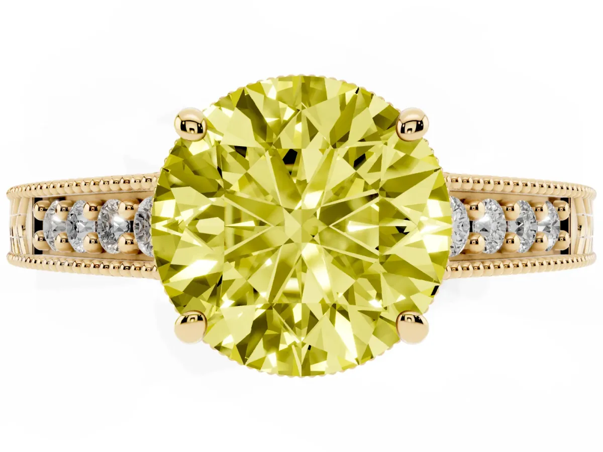 Fancy Yellow Round Cut Solitaire Pavé Diamond Milgrain Engagement Ring with Four-Prong Setting Yellow gold