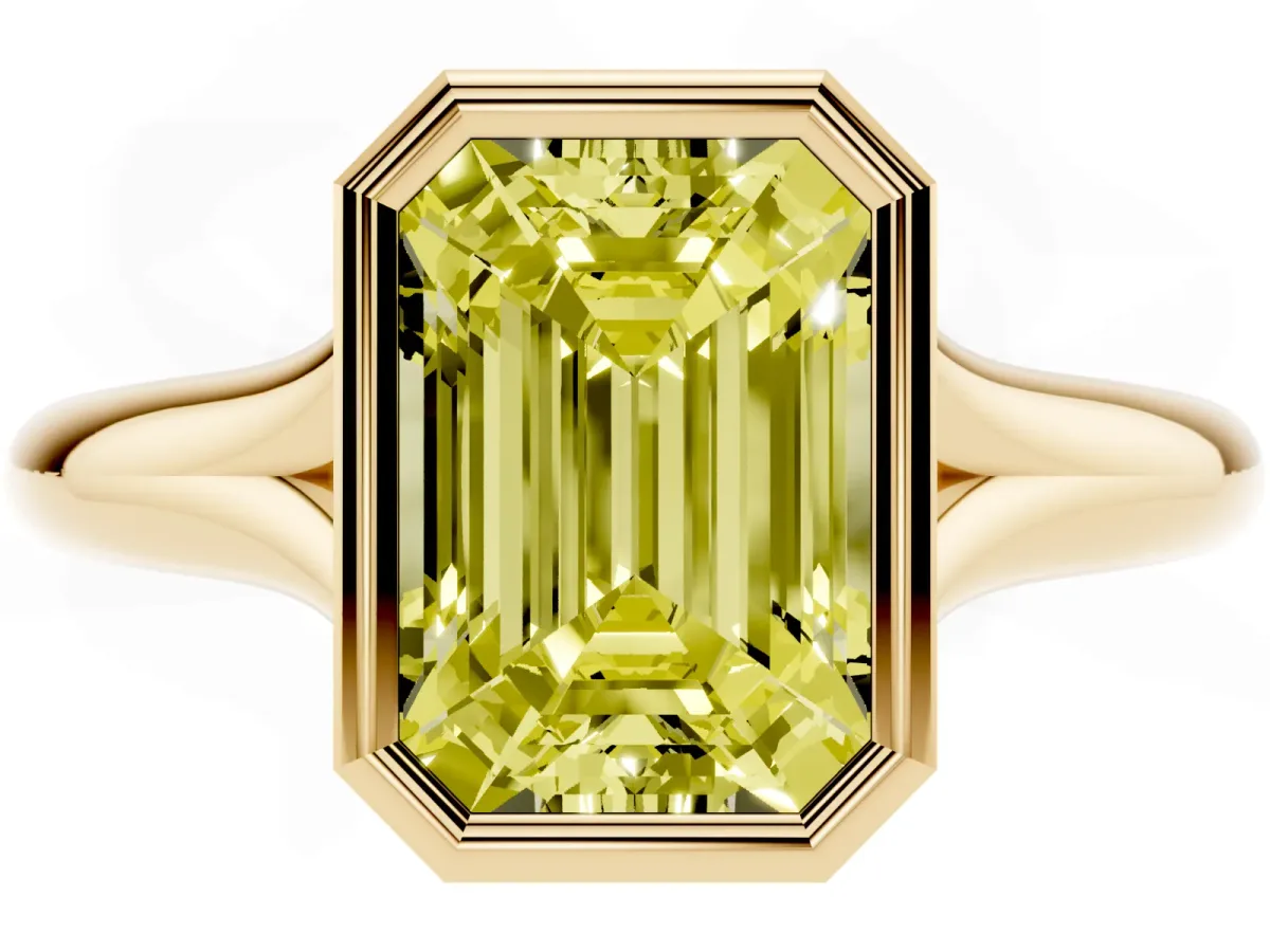 Fancy Yellow Bezel Set Emerald Cut Solitaire Diamond Ring with Smooth Band Yellow gold