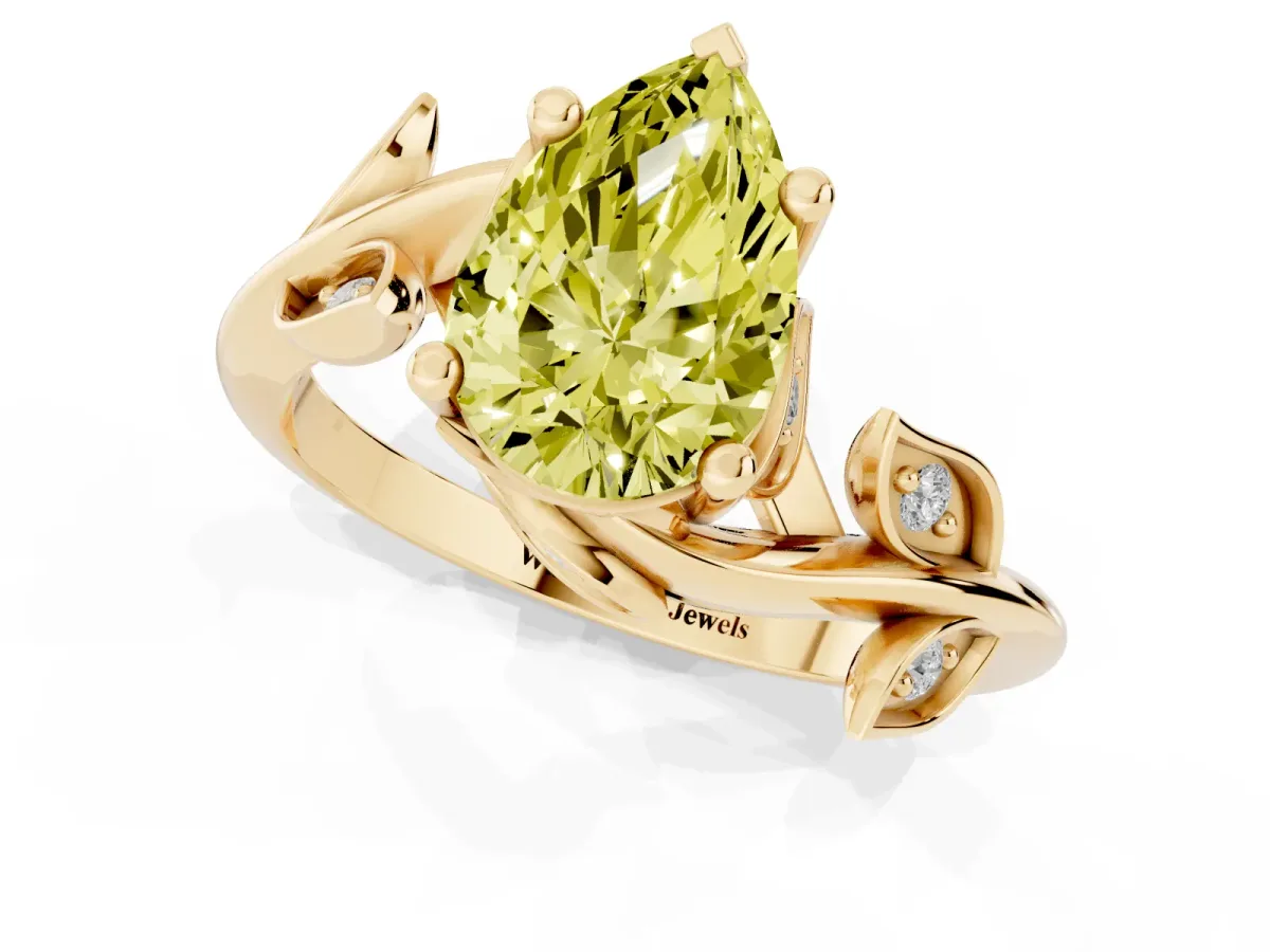 Fancy Yellow Pear Cut Solitaire Twist Engagement Ring with Leaf Accents and Prong Setting Yellow gold
