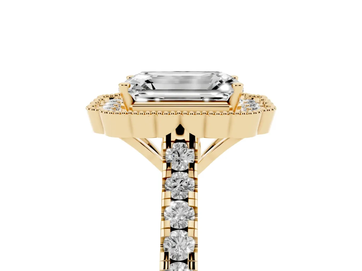 Emerald Cut Cut Diamond Milgrain Floral Halo Engagement Ring with Pavé Band Yellow gold