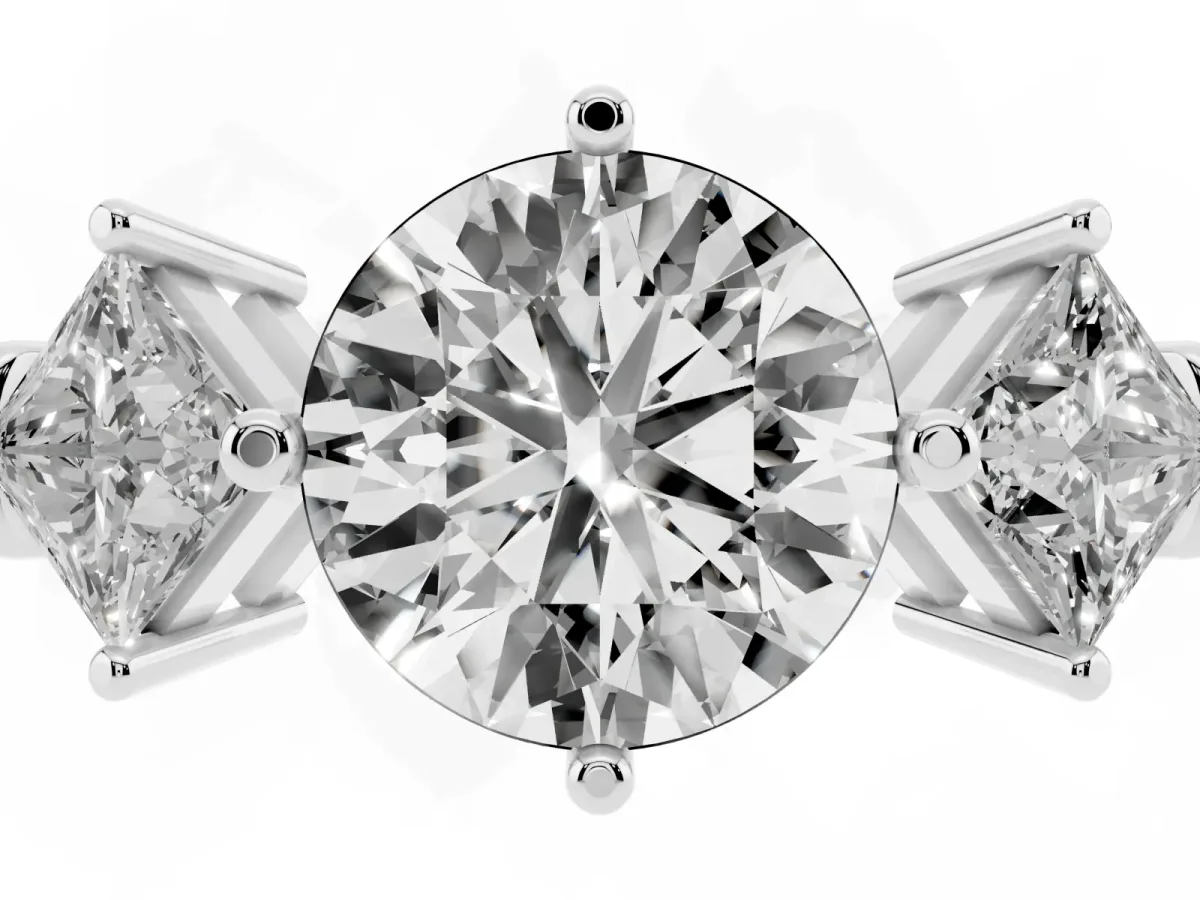 Three-Stone Round Cut and Princess Cut Diamond Ring with Channel Band and Four-Prong Setting White gold