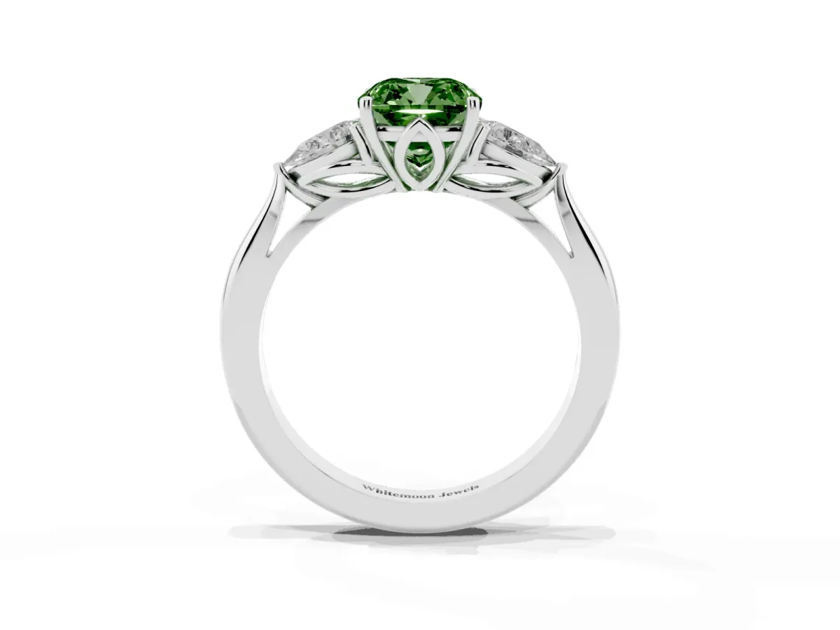 Fancy Green Cushion Cut Diamond Three-Stone Ring with Pear Side Stones and Prong Setting Silver