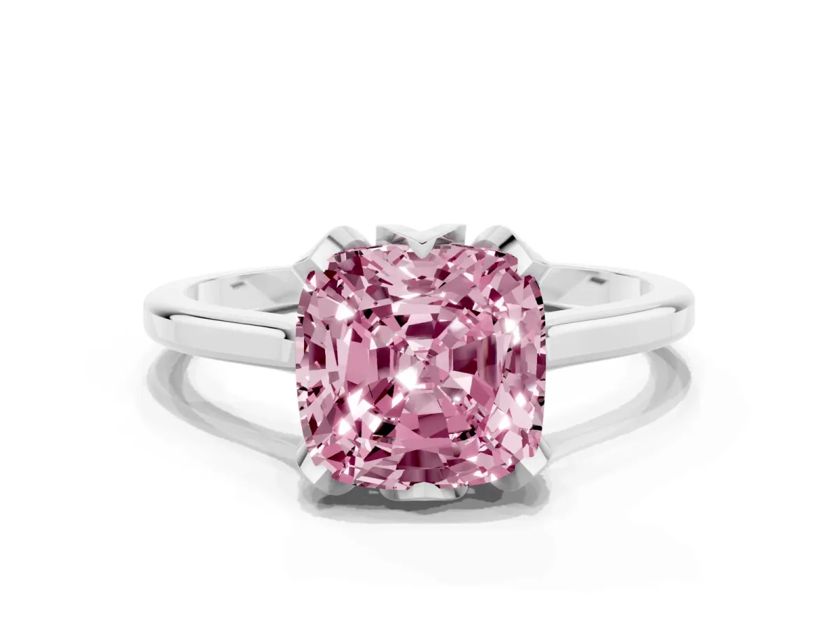 Fancy Pink Cushion Cut Diamond Solitaire Ring with Flower Prong Setting and Classic Band Silver