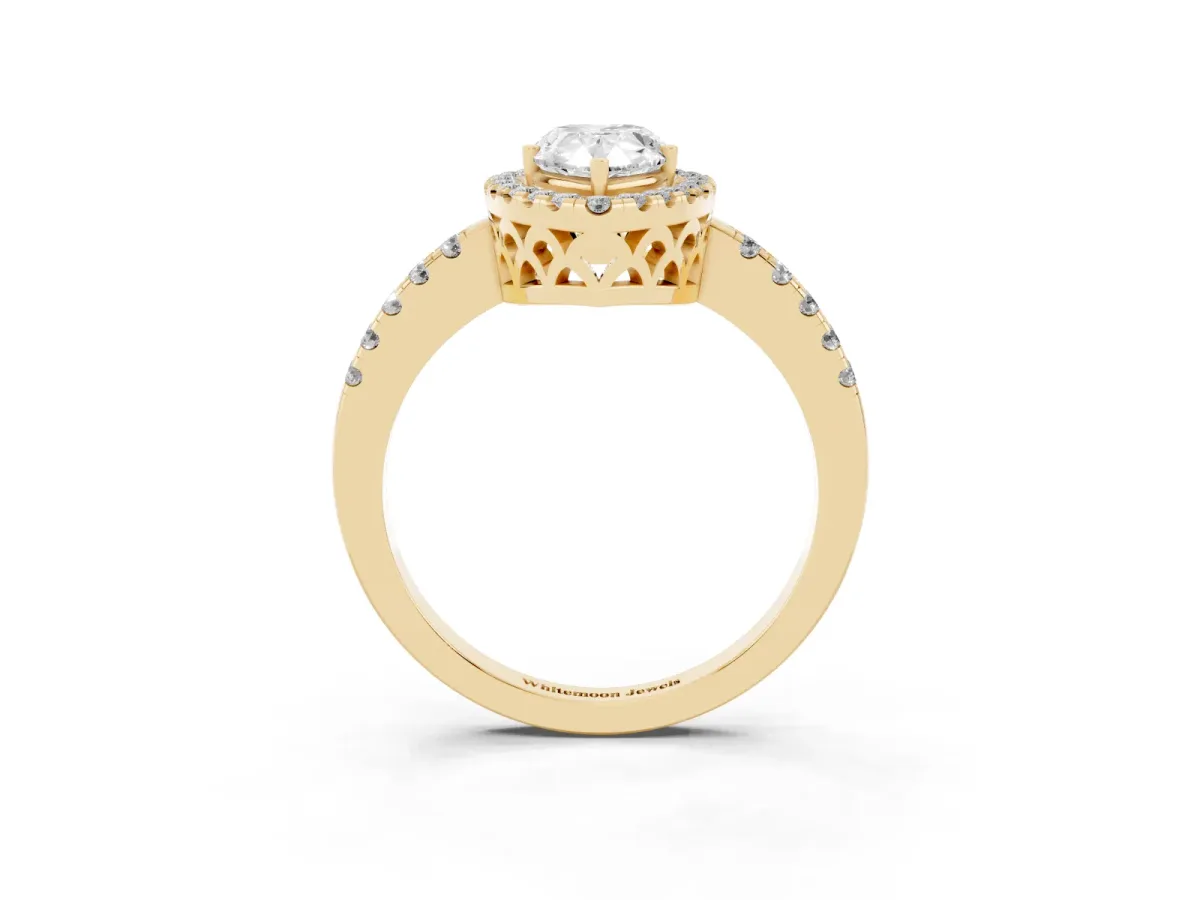 Pear Cut Halo Diamond Engagement Ring with Pavé Band and Four-Prong Setting Yellow gold