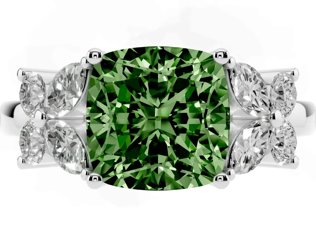 Fancy Green Cushion Cut Diamond Floral Cluster Ring with Solitaire Band and Prong Setting Platinum