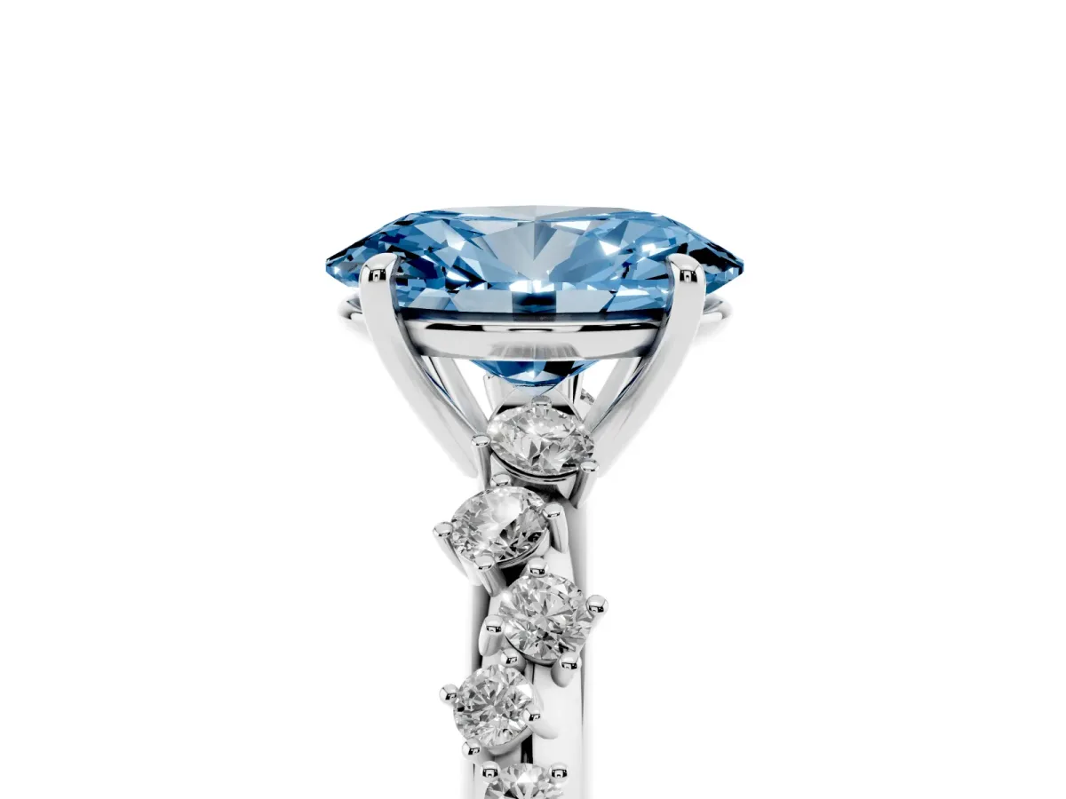 Fancy Blue Oval Cut Diamond Cluster Side Stone Solitaire Ring with Prong Setting Silver