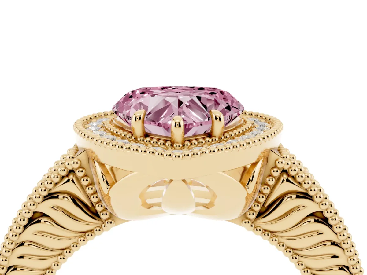 Fancy Pink Heart Cut Cut Halo Diamond Ring with Pavé Band and Four-Prong Setting Yellow gold