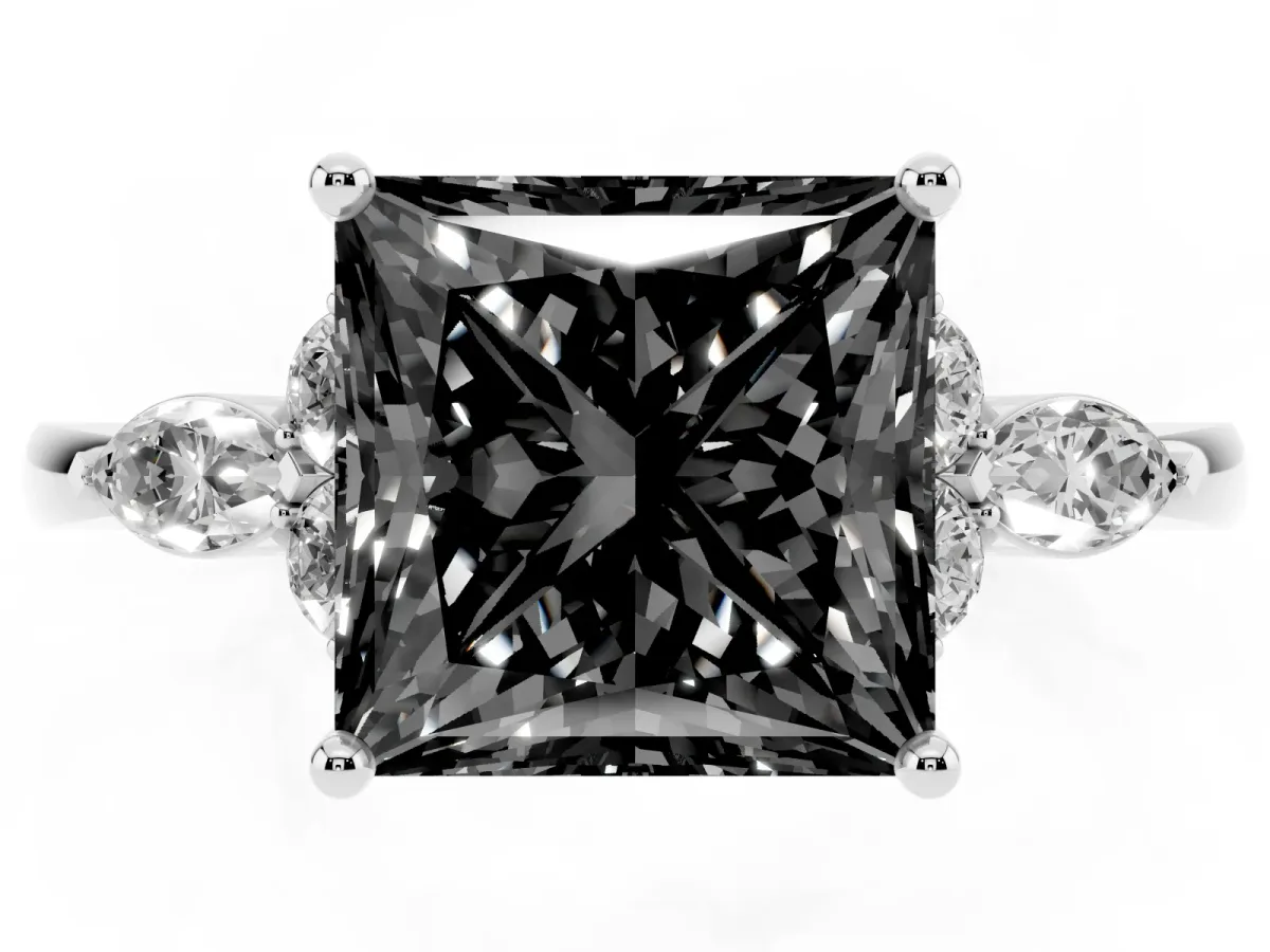 Fancy Black Princess Cut Brilliant Diamond Solitaire Ring with Pear Side Stones and Four-Prong Setting Silver