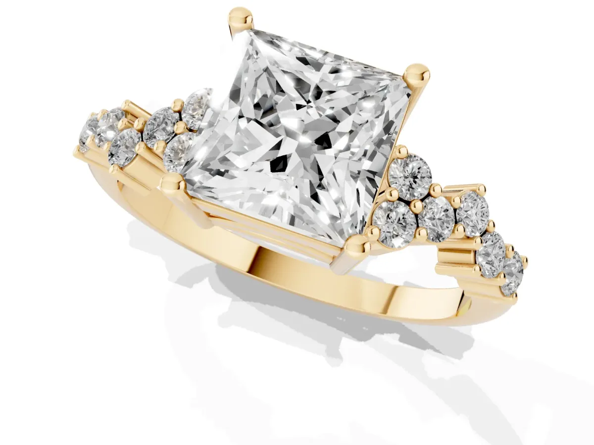 Princess Cut Diamond Scattered Round Accent Ring with Prong Setting Yellow gold