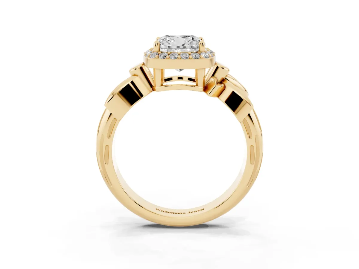 Cushion Cut Halo Diamond Floral Band with Four-Prong Setting Yellow gold