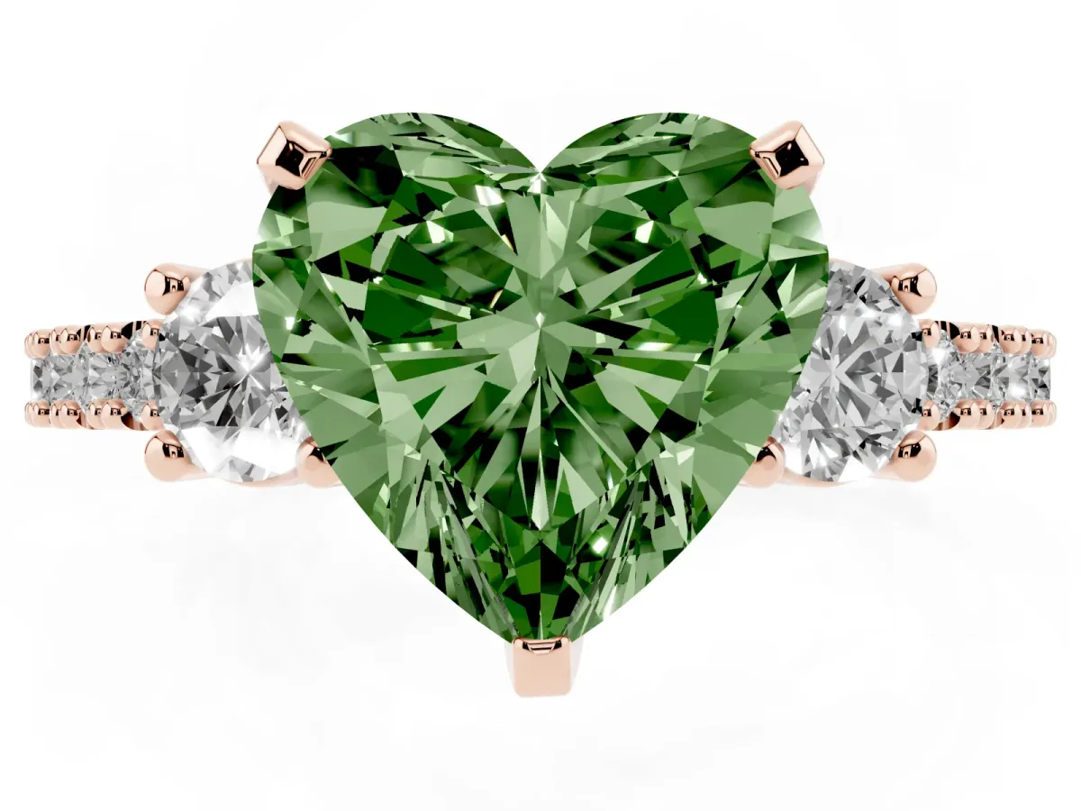 Fancy Green Heart Cut Three-Stone Diamond Pavé Band with Prong Setting Rose gold