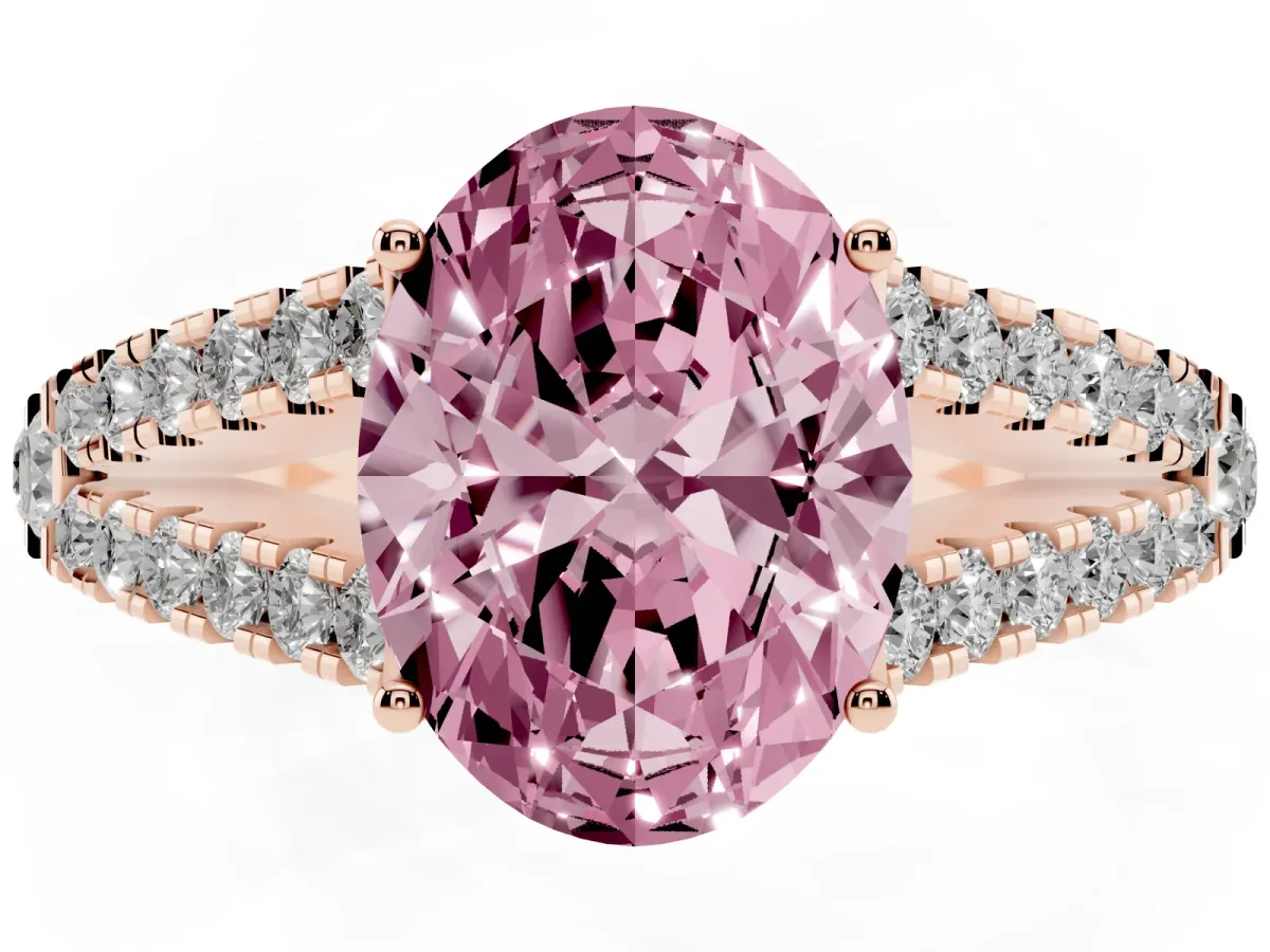 Fancy Pink Oval Cut Diamond Split Shank Engagement Ring with Round Pavé and Prong Setting Rose gold