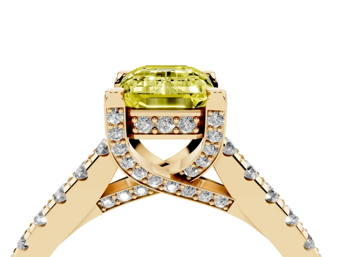 Fancy Yellow Emerald Cut Brilliant Diamond Solitaire with Pavé Band and Four-Prong Setting Yellow gold