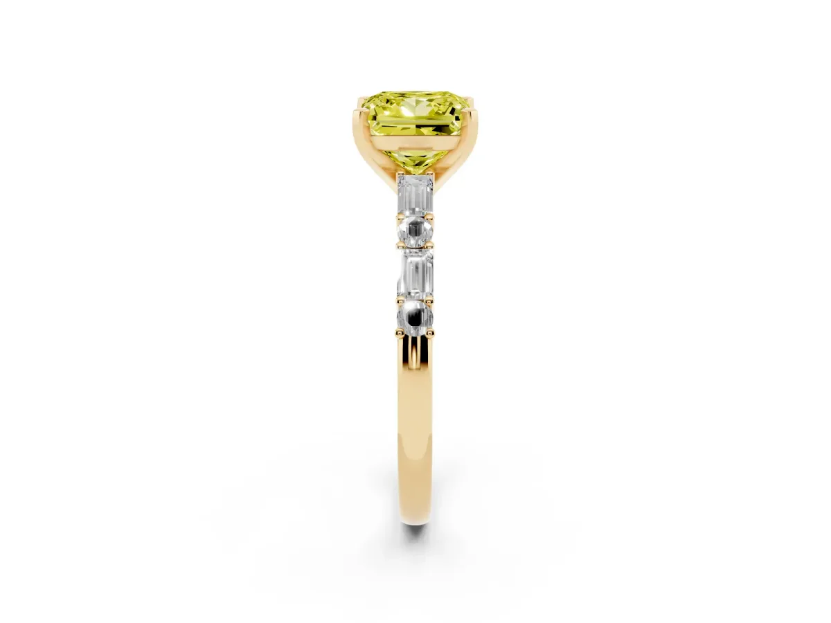 Fancy Yellow Princess Cut Diamond Solitaire with Side Baguettes and Channel Set Band Yellow gold