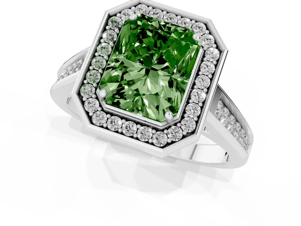 Fancy Green Radiant Cut Halo Solitaire Diamond Ring with Pave Band and Bezel Setting Silver