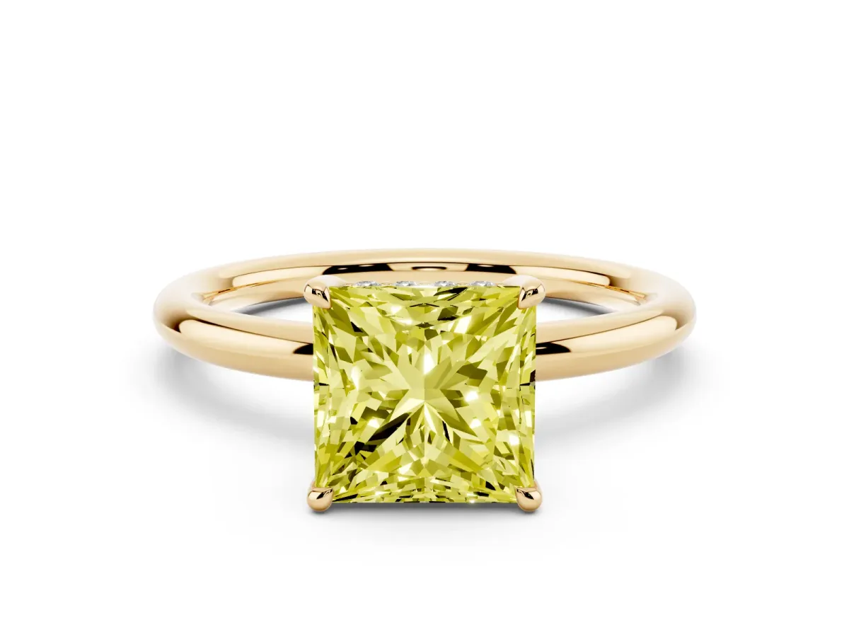 Fancy Yellow Princess Cut Diamond Solitaire Ring with Thin Band and Four-Prong Setting Yellow gold