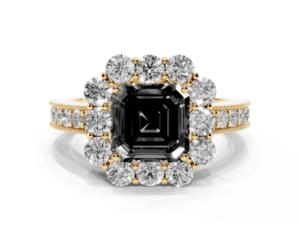 Fancy Black Asscher Cut Cut Halo Diamond Pavé Engagement Ring with Milgrain Detailing Yellow gold