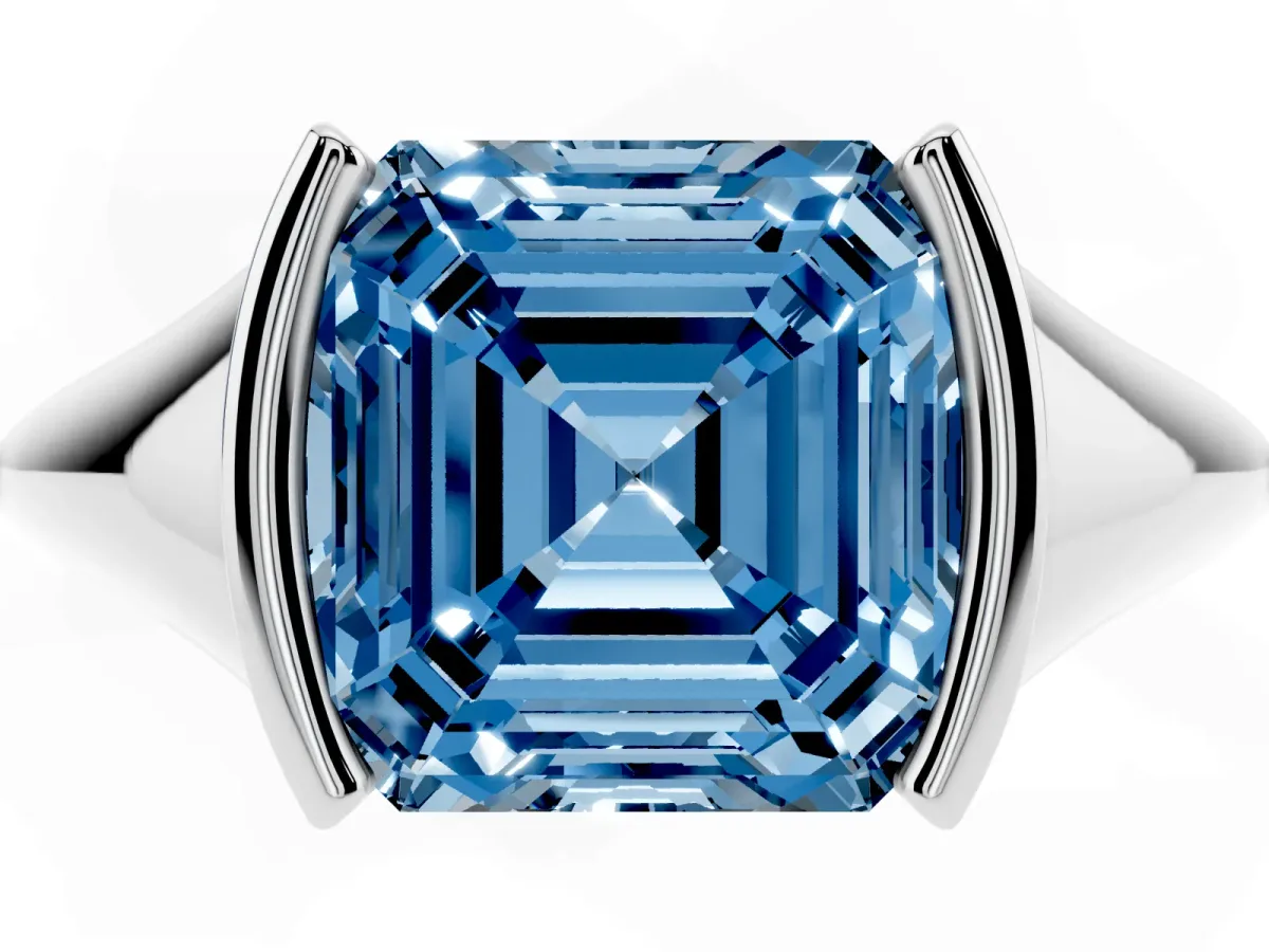 Fancy Blue Asscher Cut Solitaire Tension Set Diamond Ring White gold