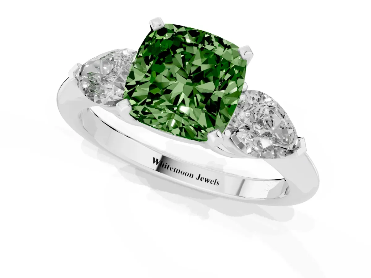 Fancy Green Three-Stone Cushion Cut Diamond Ring with Pear Side Stones and Four-Prong Setting Silver
