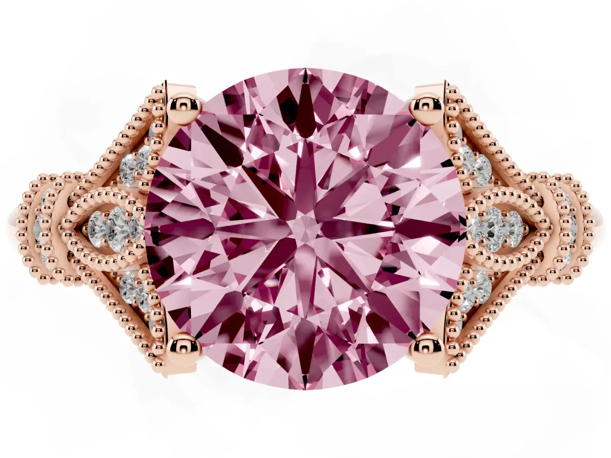 Fancy Pink Round Cut Diamond Solitaire Ring with Floral Filigree and Pave Accents Rose gold