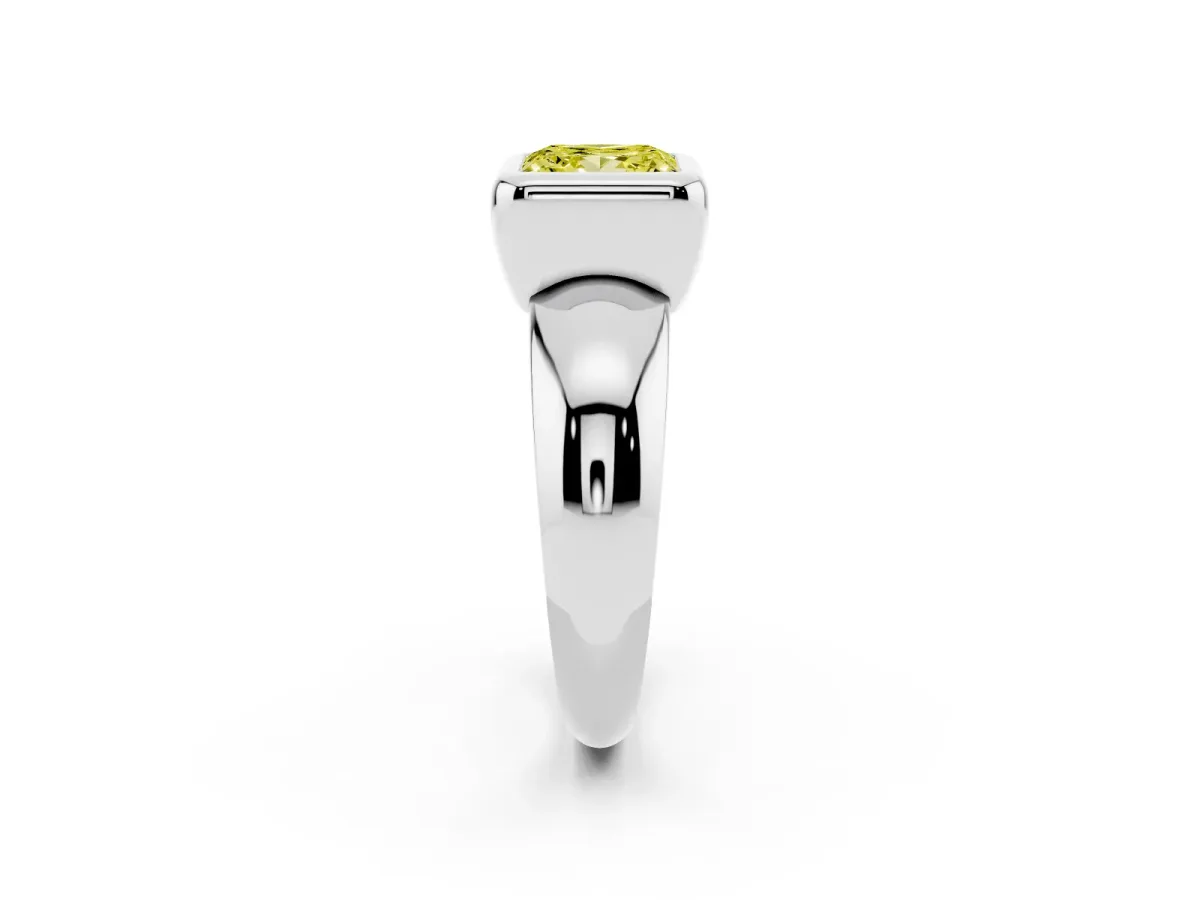 Fancy Yellow Bezel Set Princess Cut Solitaire Ring with Wide Band Silver