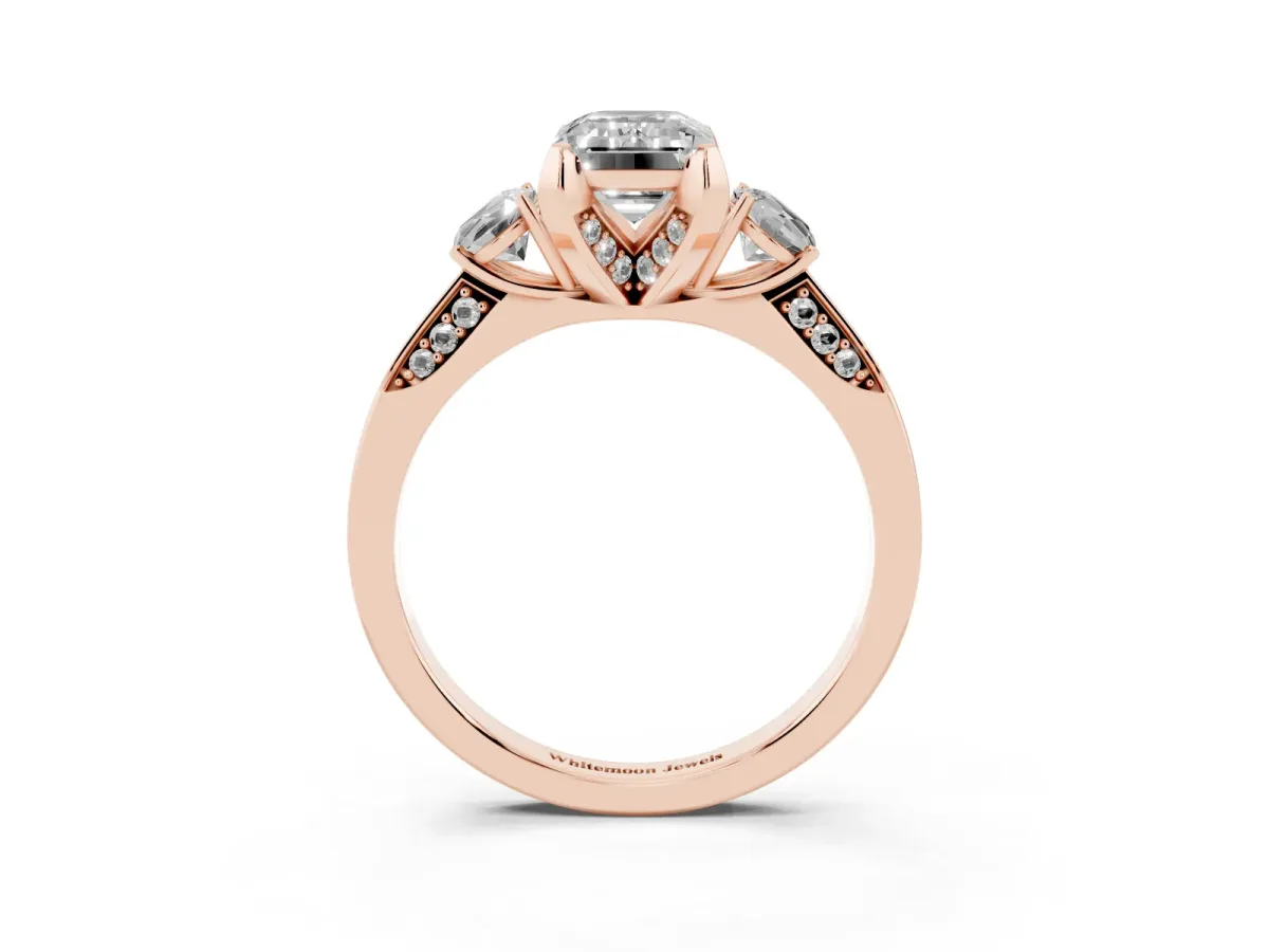 Emerald Cut Brilliant Three-Stone Diamond Ring with Pavé Band and Four-Prong Setting Rose gold
