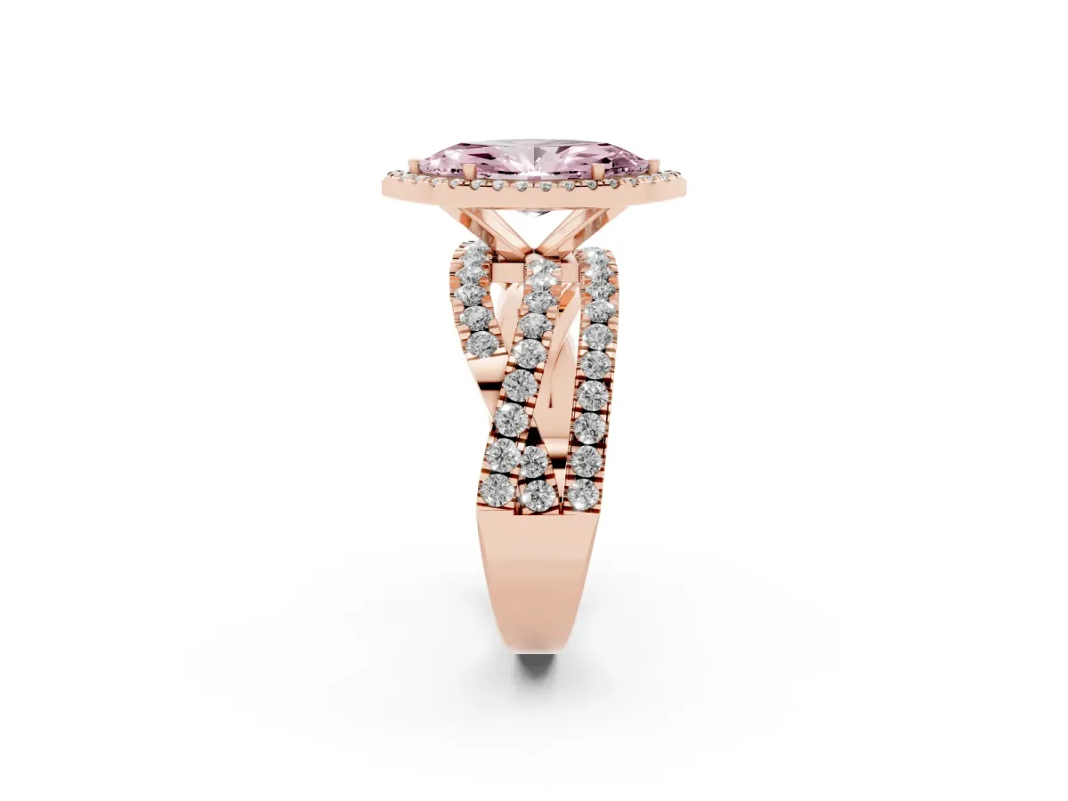 Fancy Pink Marquise Cut Diamond Halo Ring with Round Split Shank and Prong Setting Rose gold