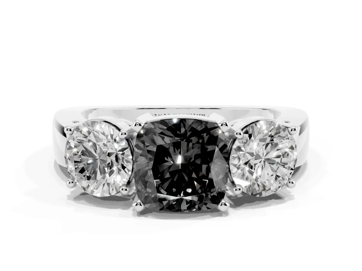 Fancy Black Three-Stone Cushion Cut Diamond Ring with Round Side Stones, Classic Band, and Four-Prong Setting Silver
