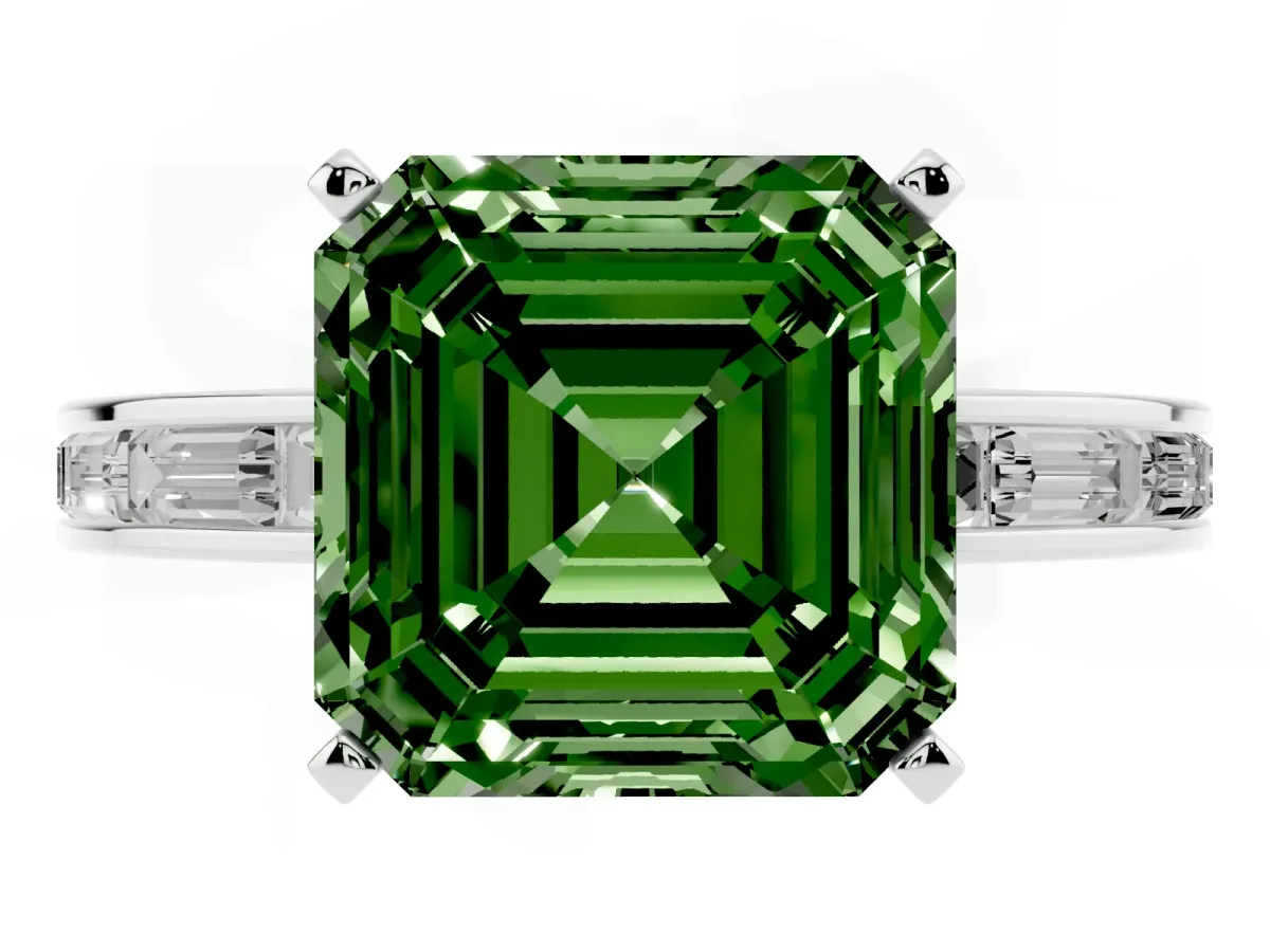 Fancy Green Asscher Cut Solitaire Diamond Ring with Channel-Set Baguette Band and Four-Prong Setting Platinum