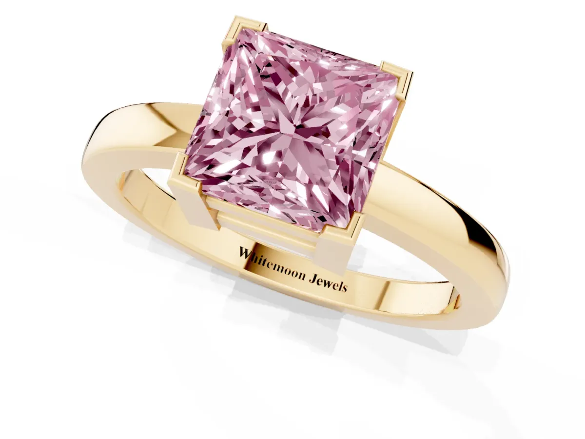 Fancy Pink Princess Cut Cut Solitaire Ring with Four-Prong Setting and Classic Band Yellow gold