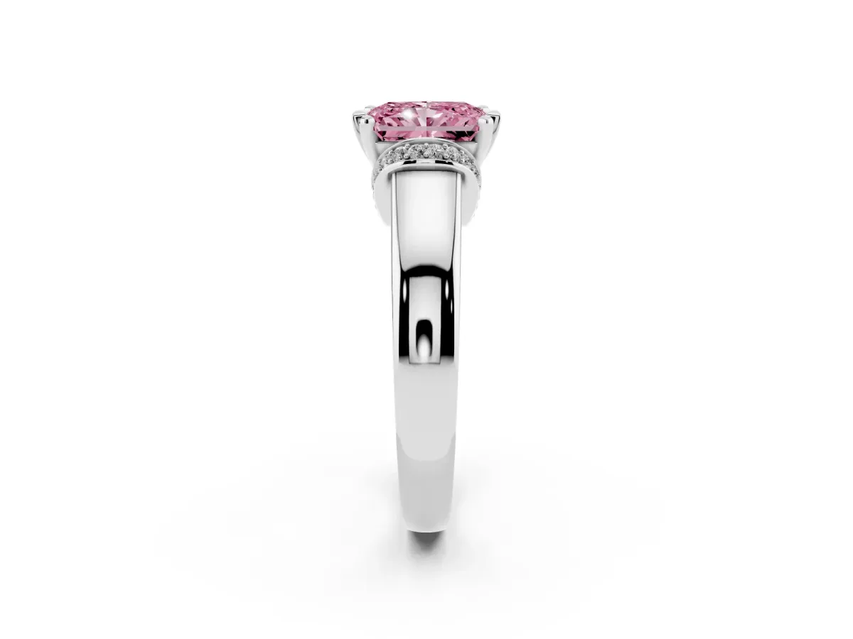 Fancy Pink Radiant Cut Solitaire Diamond Ring with Pave Band and Six-Prong Setting White gold