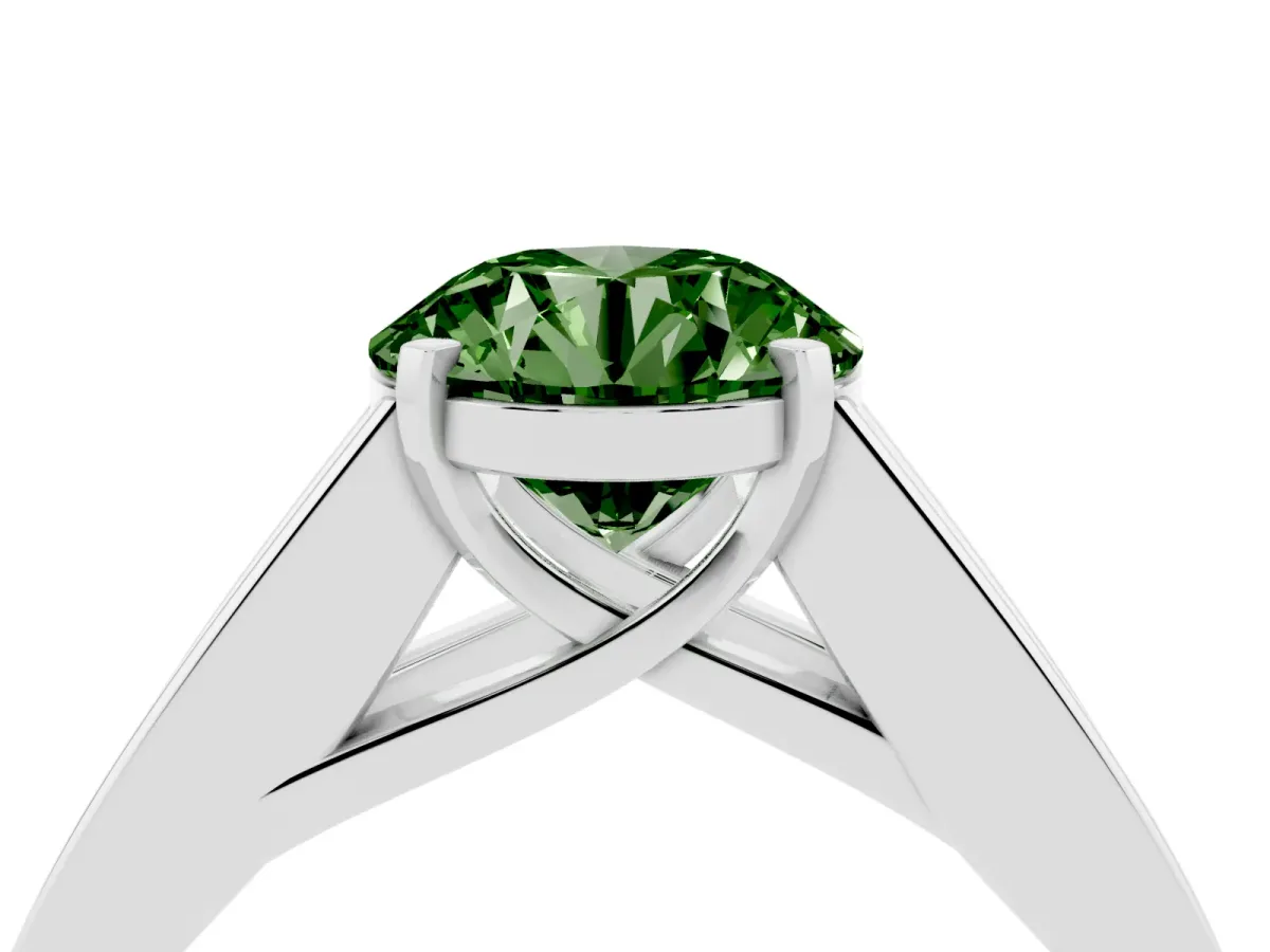 Fancy Green Round Cut Cut Channel Set Solitaire Ring with Four-Prong Setting Silver