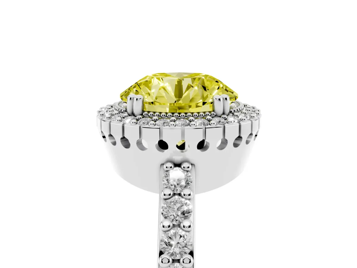 Fancy Yellow Round Cut Cut Diamond Halo Engagement Ring with Milgrain Detail and Pavé Band Platinum