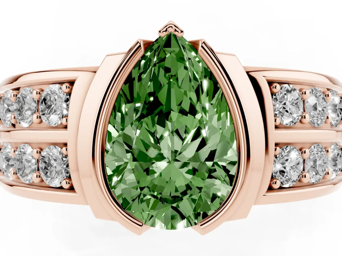 Fancy Green Pear Cut Brilliant Diamond Channel Set Wide Band Ring with Bezel Setting Rose gold